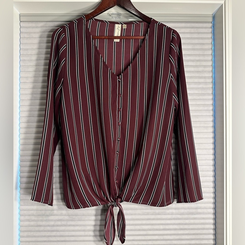 Maroon and black vertical stripe blouse